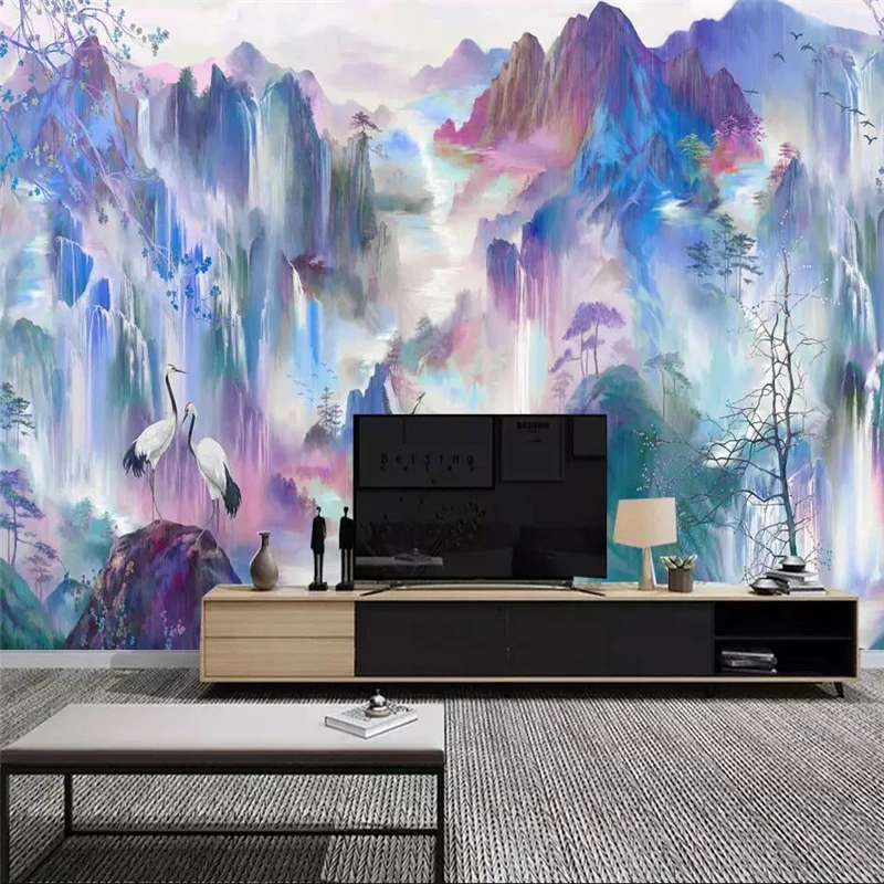 Customized products wallpaper New Chinese Style cranes flowers birds color Living room sofa TV background walldecorate mural 8d