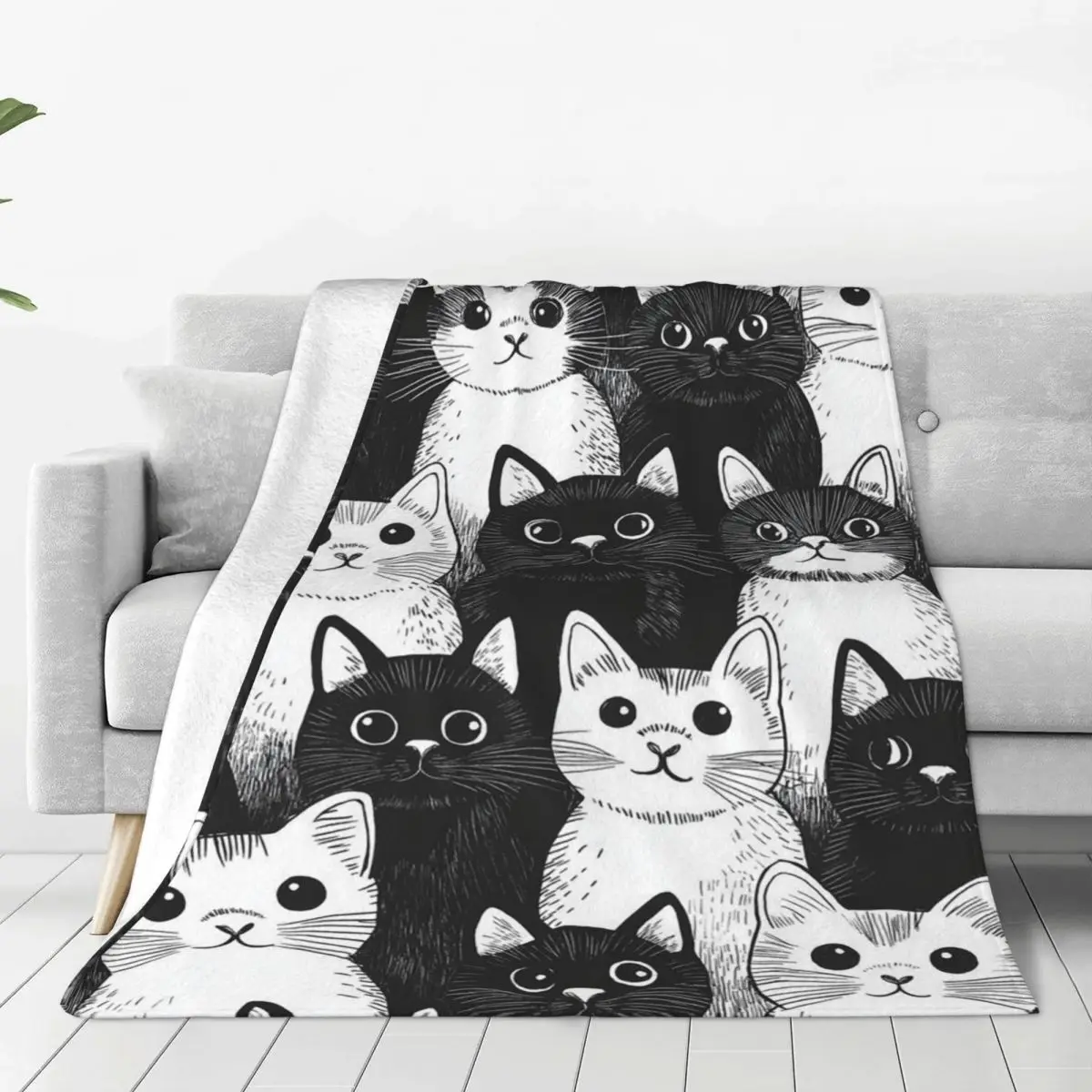Cute Cat Line Cat Blanket Soft Warm Flannel Throw Blanket Cover for Bed Living room Picnic Travel Home Couch