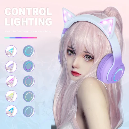 Imagen 2 del producto 2024 Audifonos bluetooth inalambrico con micrófono , Kawii Auriculares con orejas de gato Rosa degradado para niñas, niños, Xiaomi, teléfono, MP3, HiFi estéreo, música brillante cascos inalámbrico bluetooth