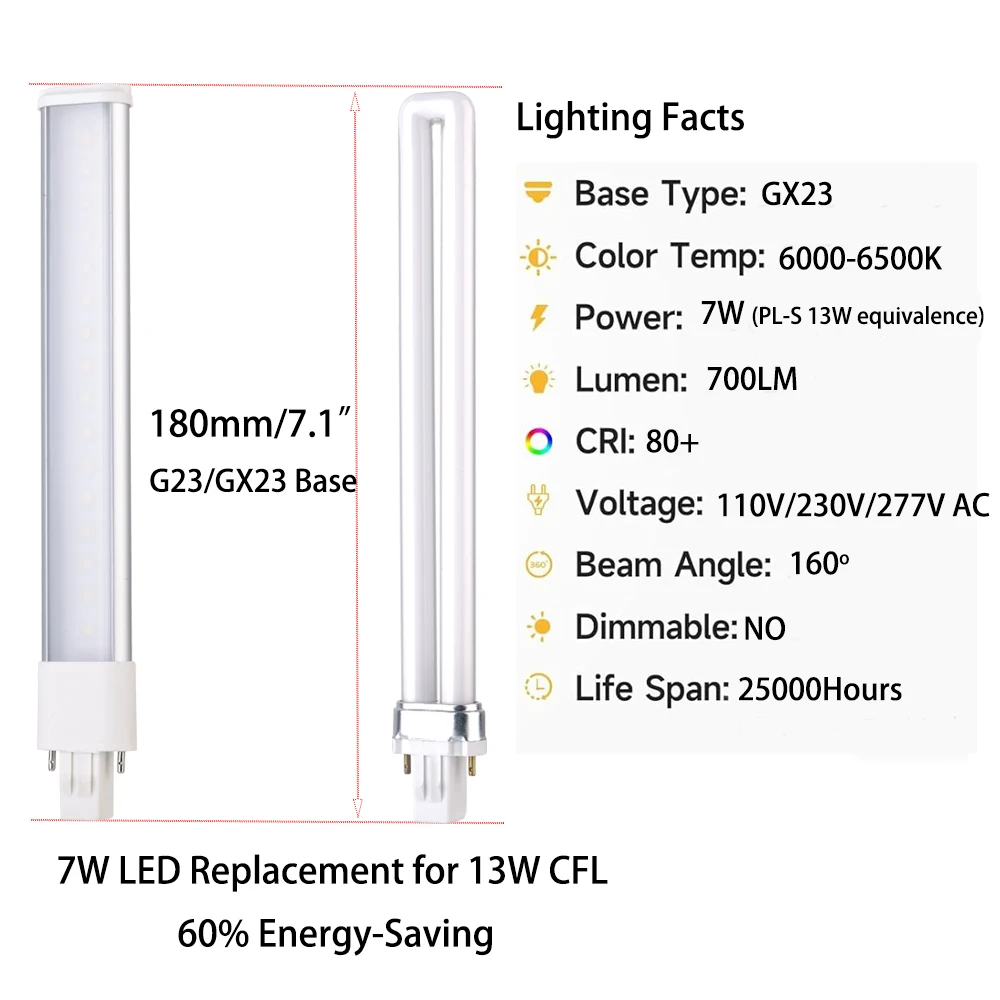 2pcs LED PL G23 GX23 3W4W5W7W Bulb Horizontal Side Plug Ceil CFL PL-S 7W 9W 13W Read Table Desk Lamp Replacement,Remove Ballast