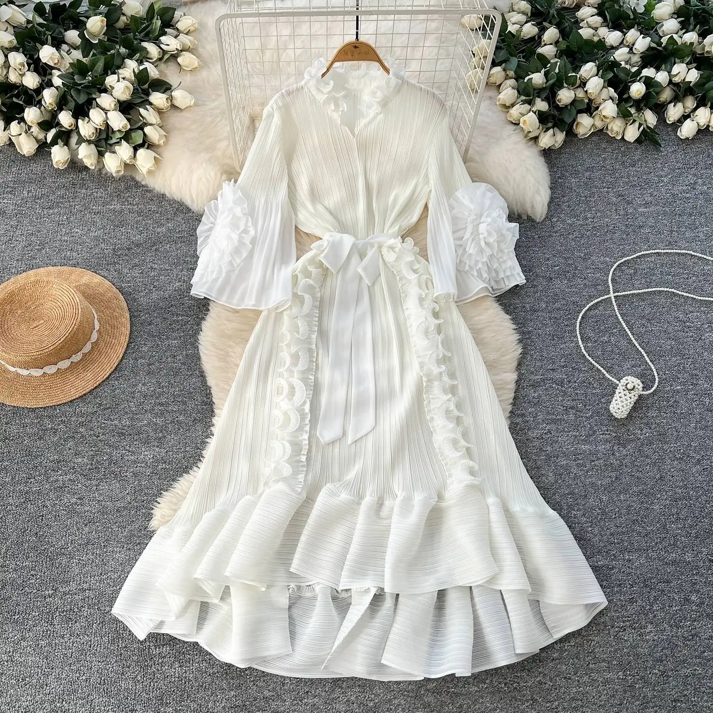 ANLAN Lusso Miyake 3D Ruffles Splice Abiti a pieghe Donna Scollo a V Alta elasticità Cintura con lacci Boho Robe Party Abbigliamento 2AN7516