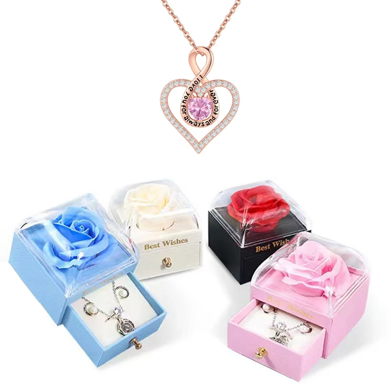 Heart Pendant Necklaces For Women With Rose Gift Box Birthstone Stainless Steel Chain Choice Jewelry 2026 Valentine Birthday
