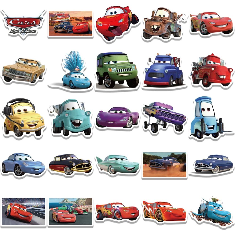 Disney pixar adesivos, carros, relâmpago mcqueen, desenhos animados, à prova d'água, para laptop, skate, carro, telefone, decalque, brinquedo das crianças, 10/30/50pcs