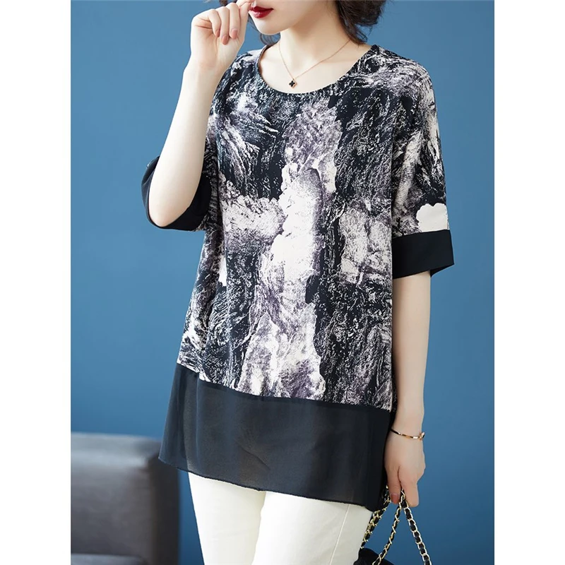 Women Vintage Ink Painting Print Patchwork Elegant Blouse Summer Fashion O Neck Short Sleeve Shirt Loose Tunic Tops Blusas Mujer