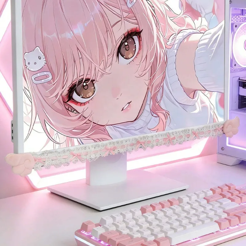 Cute Lace Monitor Frame Decor with Angel Wings Kawaii Bow Desk Screen Decorative Strip for Gaming Room PC Monitor Accessories