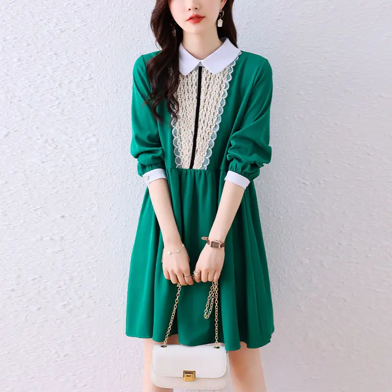 Sweet Peter Pan Collar Dresses Spring Autumn Solid Color Basic A-Line Female Clothing Fashion Lace Spliced Vintage Midi Dress