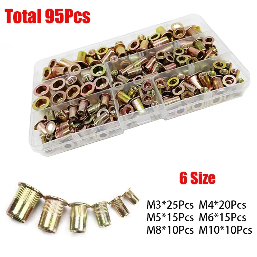 

95pcs M3 M4 M5 M6 M8 M10 Zinc Plated Carbon Steel Blind Flat Head Threaded Rivet Nut Rivet Insert Nutsert Knurled Nuts Kits