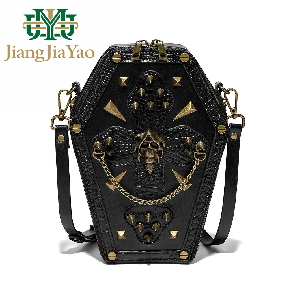 

Унисекс-сумка через плечо в стиле панк с черепом, персонализированная, в форме гроба, из искусственной кожи, ретро, для мотоциклистов, для мужчин и женщин, большая вместительная сумка-кроссбоди для взрослых
