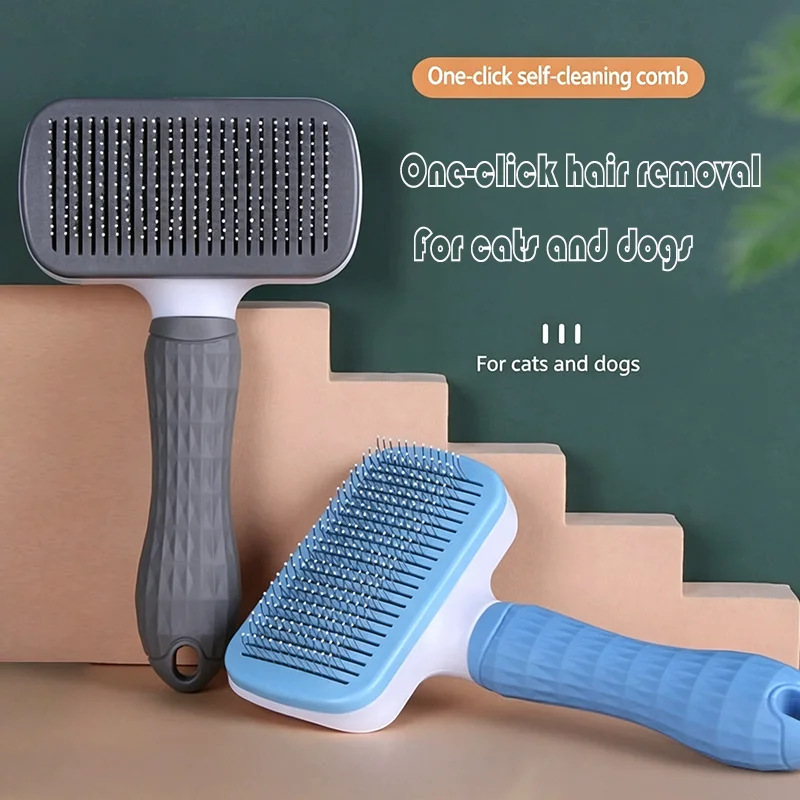 Pet Grooming Comb Stainless Steel Pet Hair Remover Self Cleaning Dog Cat Comb One Click Hair Removal Tool Pet Cleaning Supplies