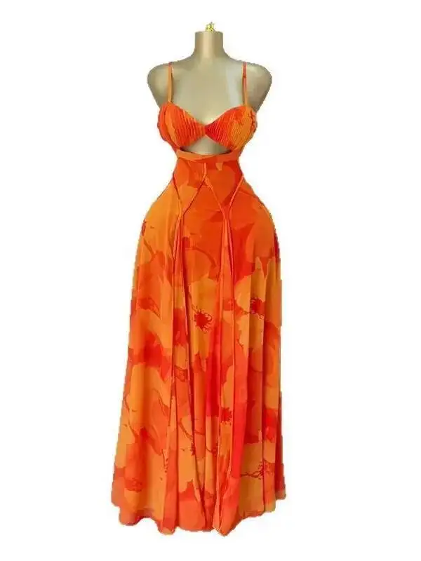 Frauen Floral Bedruckte Strap Backless Bh Vorne Große Schaukel Maxi Langes Kleid Vintage Sexy Club Party Abendkleider EWQ5