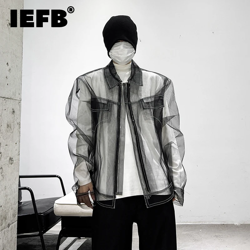 IEFB Spring New Fashion Mesh Jacket Male High Street Solid Color Lapel Top Zipper Patchwork Menwear Personalized 2023 9A7225