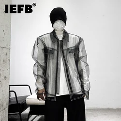 IEFB Spring New Fashion Mesh Jacket Male High Street Solid Color Lapel Top Zipper Patchwork Menwear Personalized 2023 9A7225