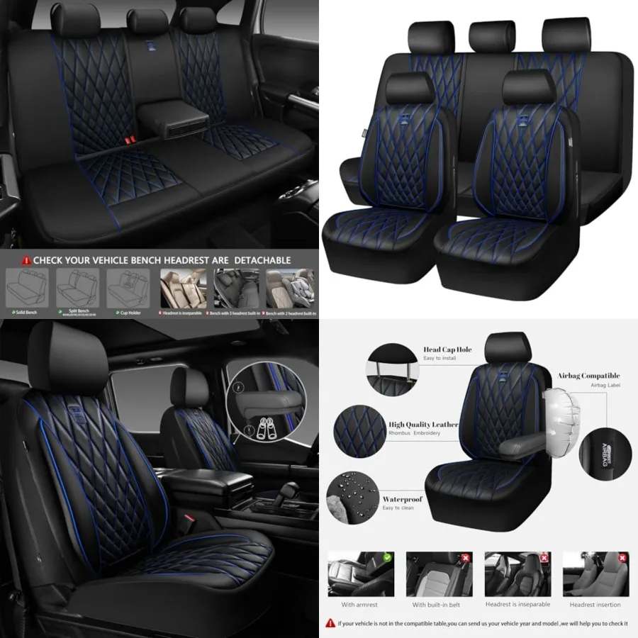 

Piping Luxury Leather Seat Covers, 5 Seats Anti-Slip Waterproof Seat Covers Compatible with Front Armrests, Universal Fit for S