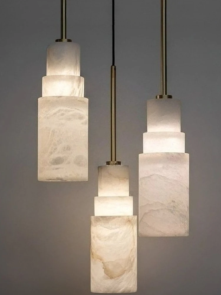 Spanish Natural Marble Pendant Light  Home Dining Table Bar Bedroom Bedside Translucent Stone Triple-Head Brass copper hang Lamp