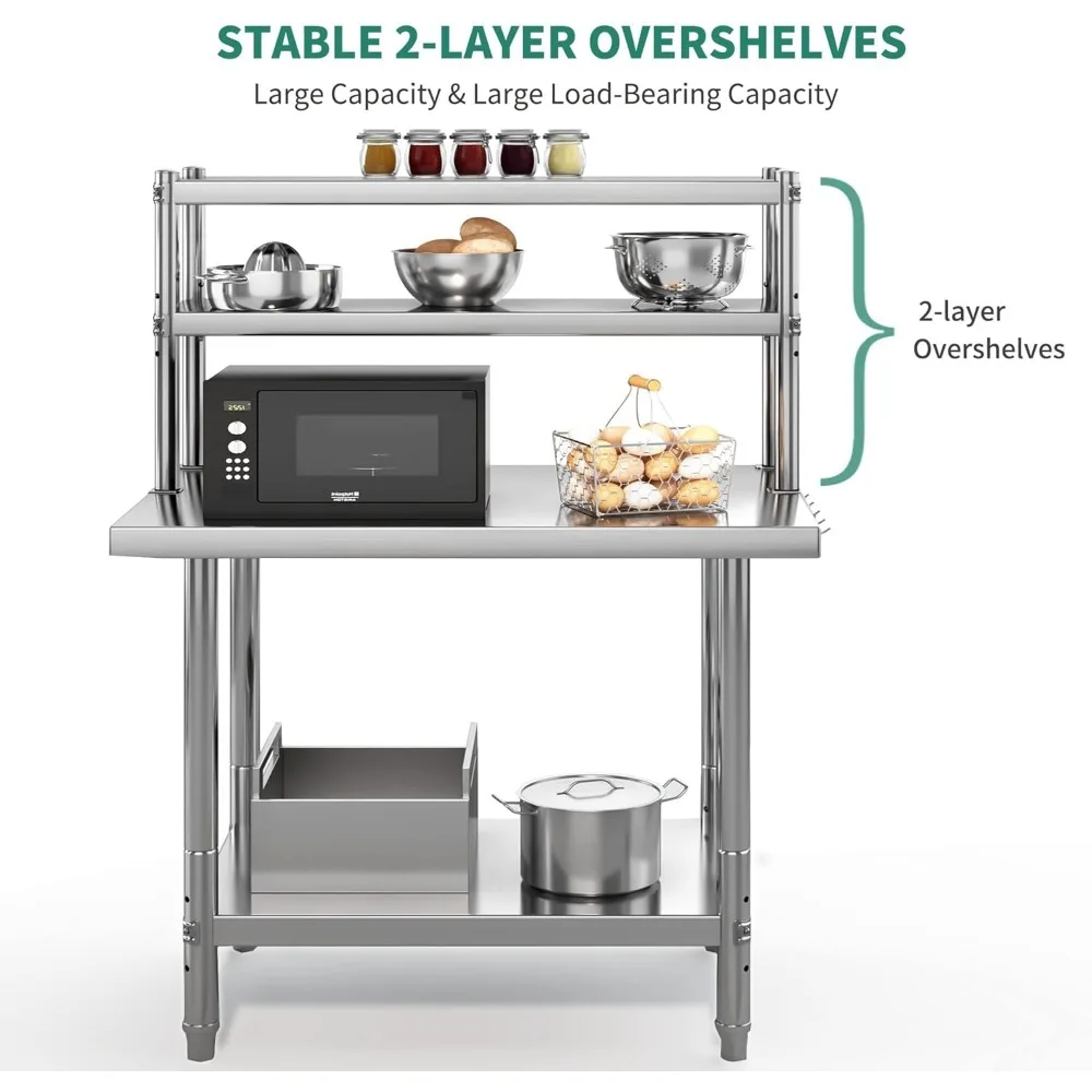 Stainless Steel Table with Overshelves, Metal Table Prep Table for Home Kitchen Restaurant Garage Warehouse