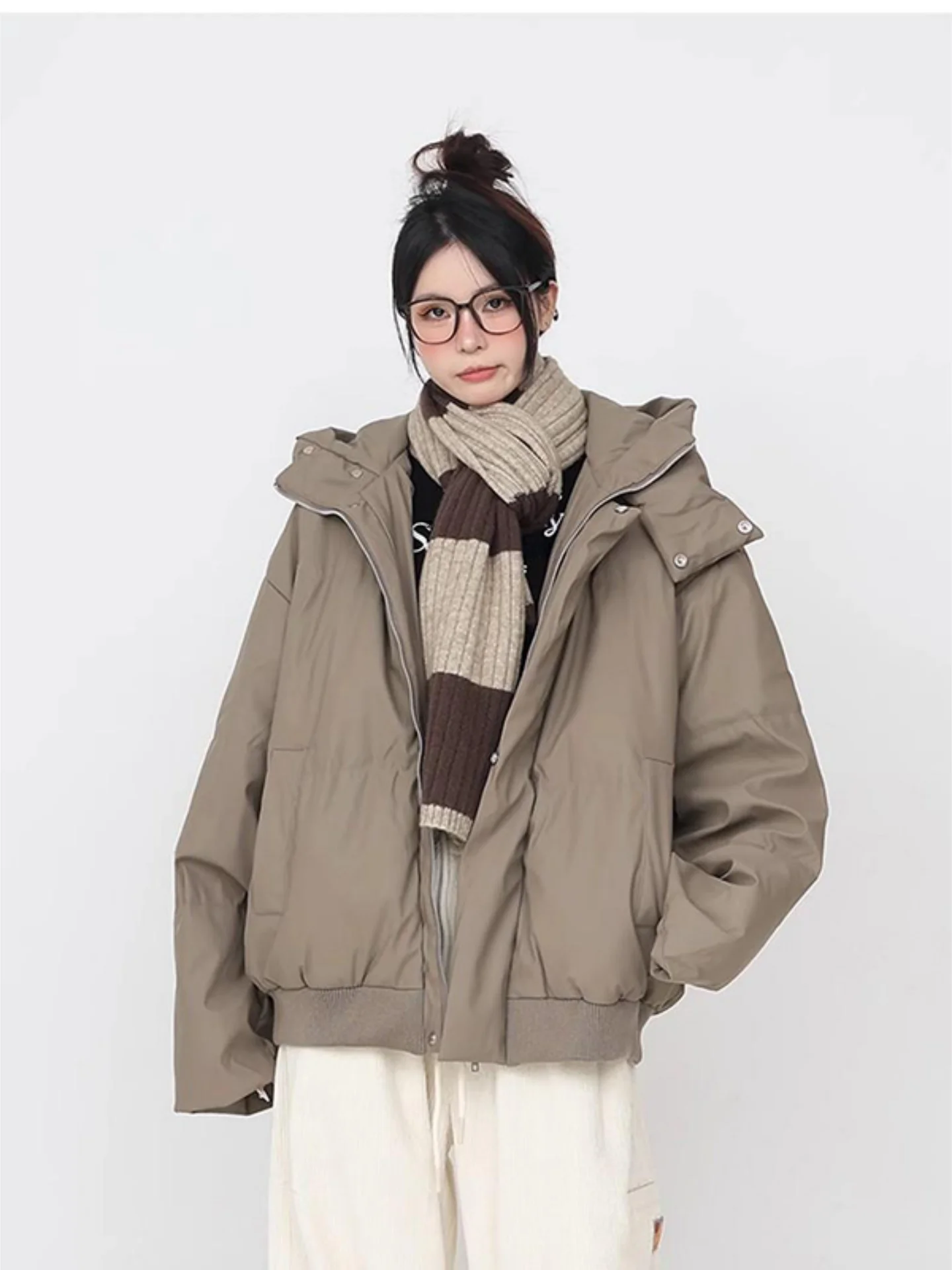 

Warmth Thiened Hooded High Collar American Sle PU Leather down Cotton Jaet ex Winter Outerwear Faionable Bread Coat