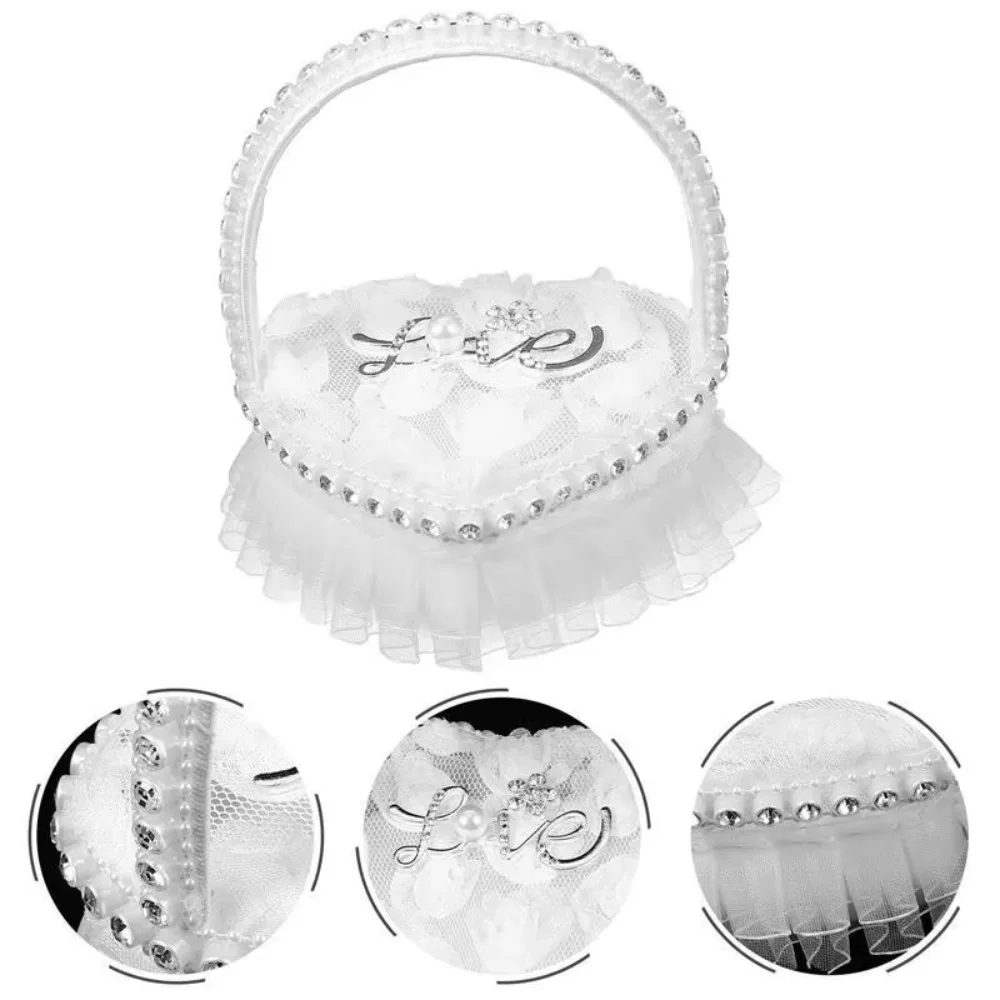 White Lace Heart-shaped Ring Box Bow-knot Satin Material Lace Ring Box Mini with Handle Ring Pillows Case Wedding Ceremony Use view 3