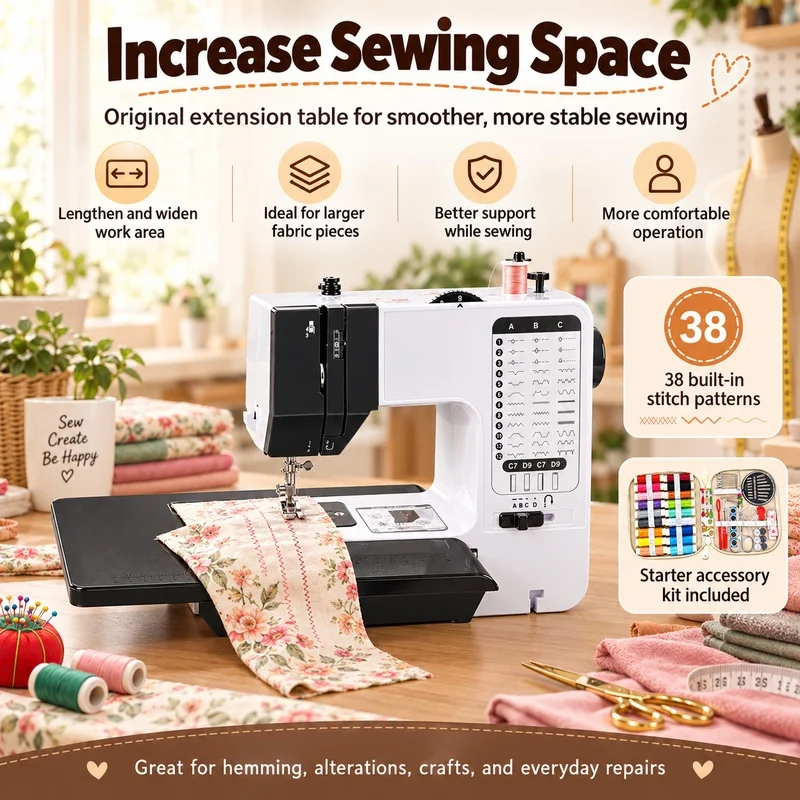 38 built-in stitches, portable sewing machine comes with a sewing accessory kit, DIY quilting sewing machine suitable for home