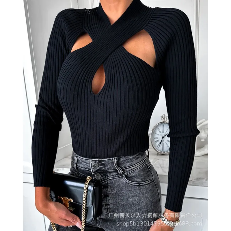 Trend Cross Wool Long-Sleeved Top Sweater Women Solid Color Slim Fits Skinny Jumpers Pulllovers Criss Cross Cutout Knit Sweater