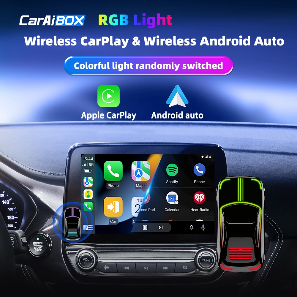 CarAiBOX RGB ミニ有線からワイヤレス CarPlay & Android オートボックスプラグアンドプレイ OEM 車用内蔵有線 CarPlay または Android オート