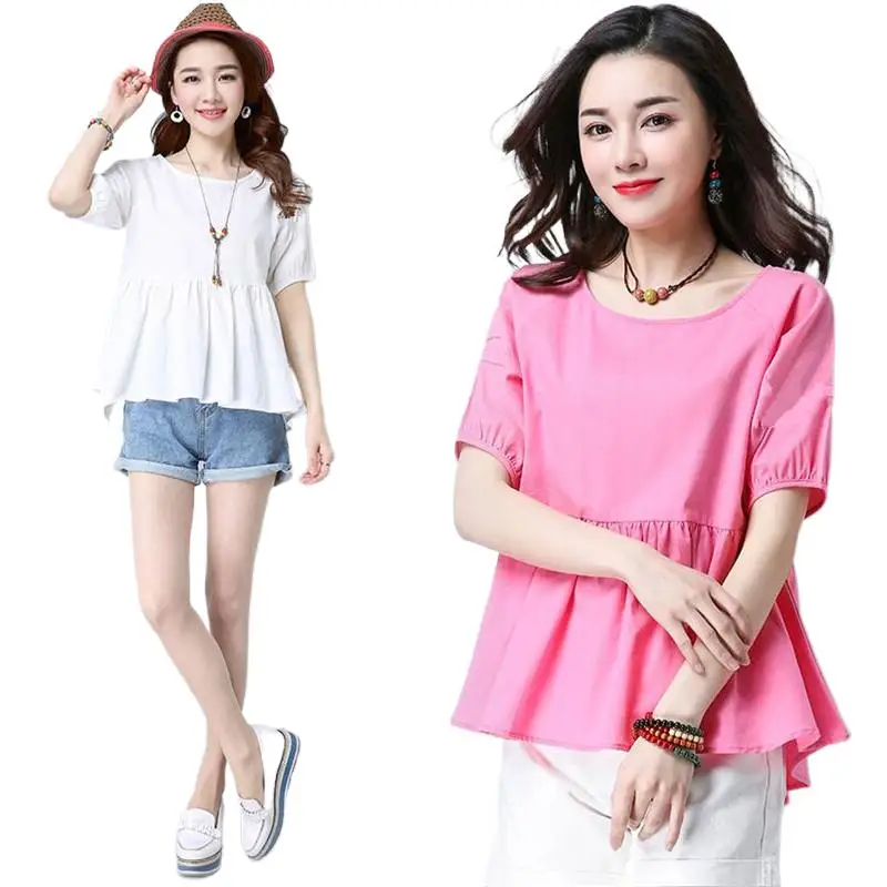 

Sweet Girl Shirts O-neck Short Sleeve Loose Cotton Line Shirt solid 8 color tops women 2022 ropa de mujer ropa de mujer