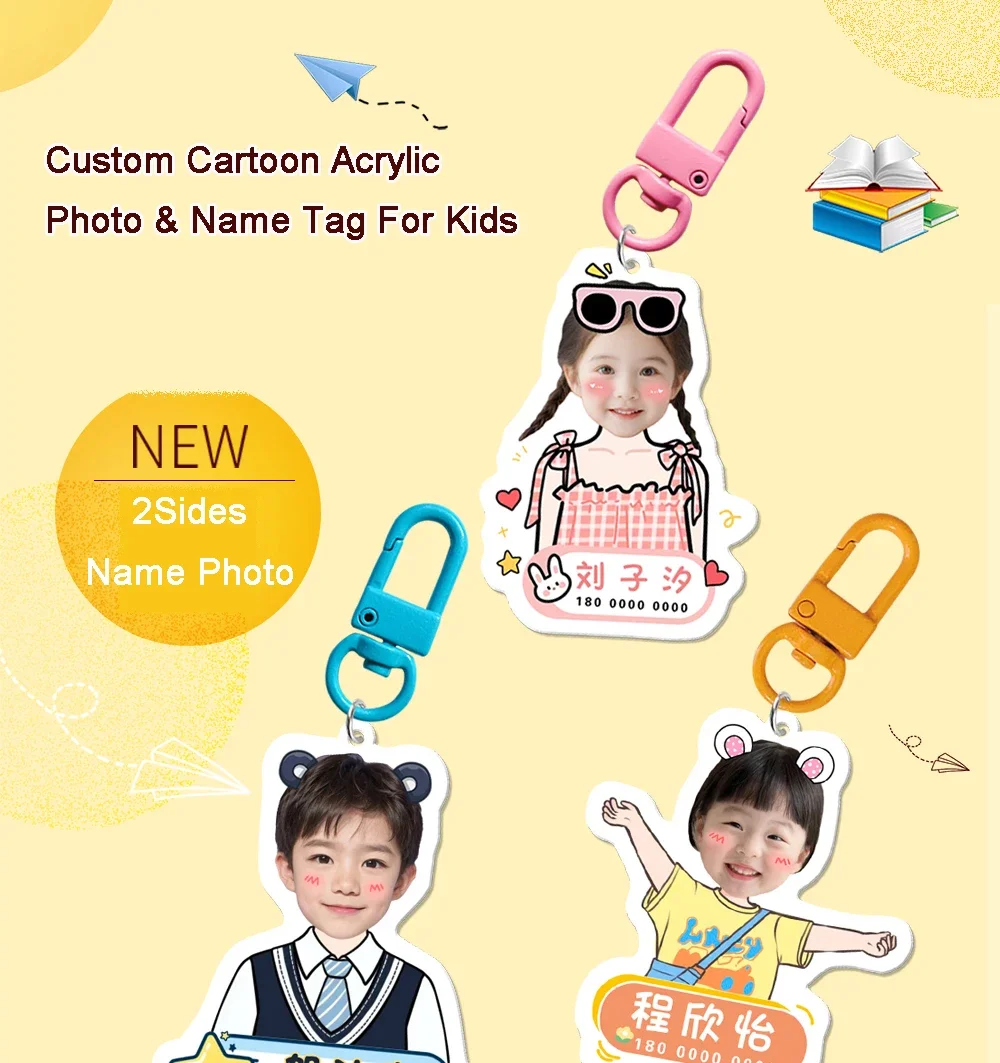 Customized Acrylic Photo Name Tag For Children\'s Hanging On Schoolbag Personal Name Tag Cartoon Pendant For Kids School Supplies