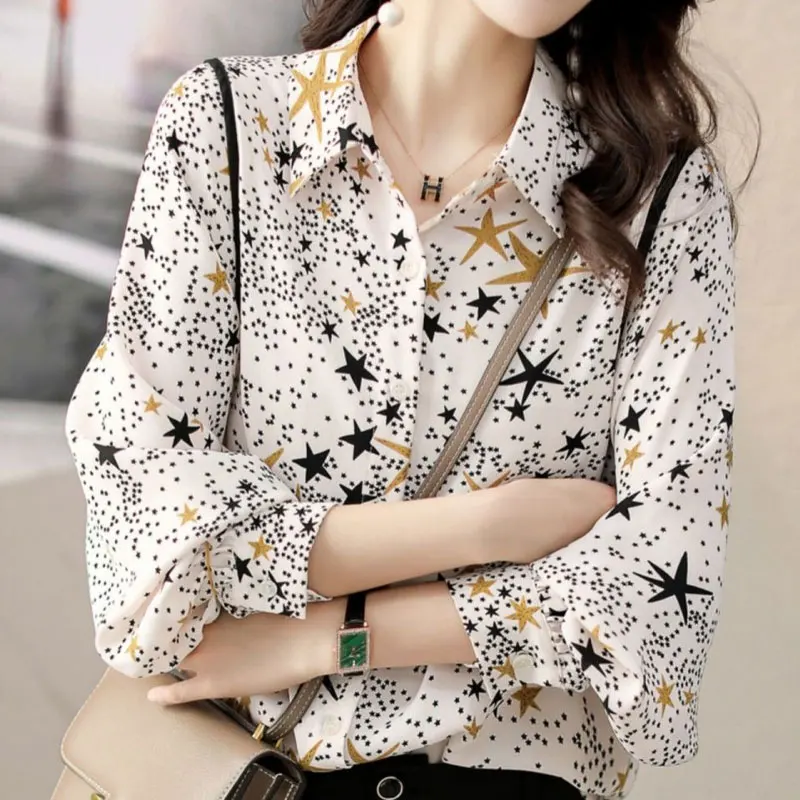 Stylish Loose Star Printed Shirt Female Clothing Commute Polo-Neck Casual Spliced Spring Autumn Korean Single-breasted Blouse