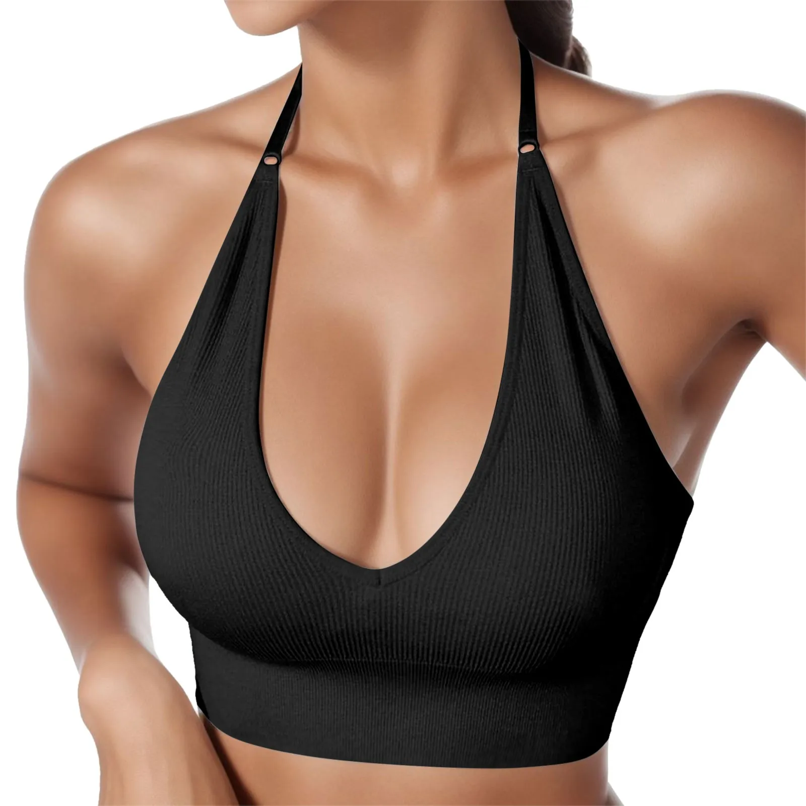 Women\'s Halterneck Sports Bra Backless Deep V Neck Sports Bustier Padded Sexy Gym Push Up Bra Solid Color Wire Free Lady Bra