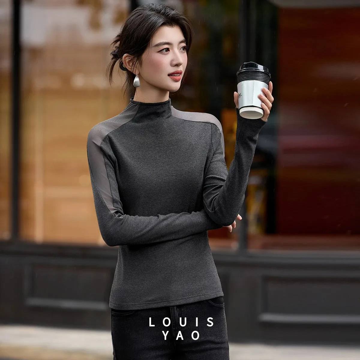 

Essential Mesh Panel Tee 2025 Autumn Winter Women Minimalist Mandarin Collar Reinforce Basic T Shirt