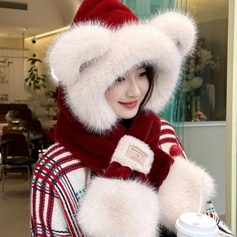 Two-Piece Set Fox Ear Hat Scarf Cold Protection Thickened Neck Warmer Integrated Design Korean Style Bear Hat Scarf Winter