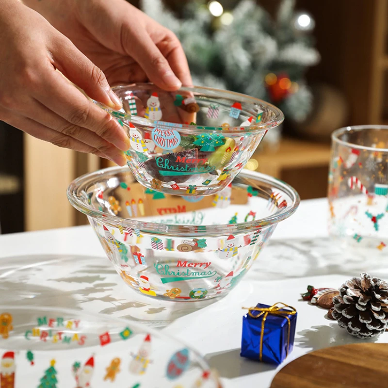 

Christmas Glass Bowl Salad Fruit Bowl Household Snacks Snack Plate Lovely High Temperature Transparent Dishes Kitchen Utensils.