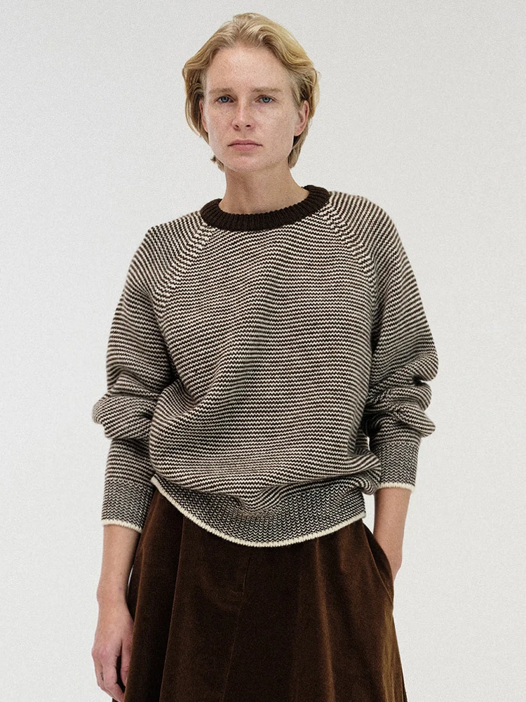 

Casual Stripe Knit Sweater round Ne Color Blo Vintage Autumn New Sle Women's Comfortable Loose Fit Woolen Sweater