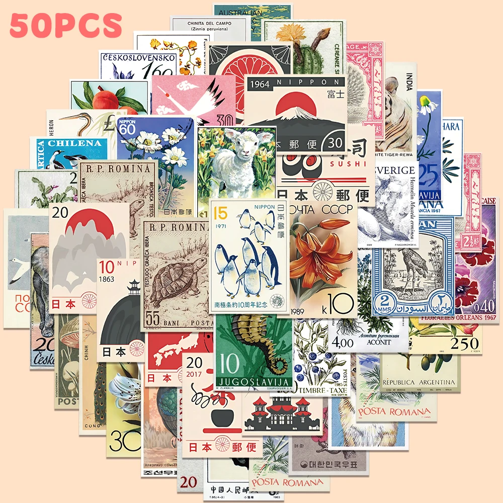 50pcs Retro Stamp Sticker Colorful Flower Decal For Diary Phone Laptop Luggage Scrapbook DIY Decoration Sticker Reward Gift