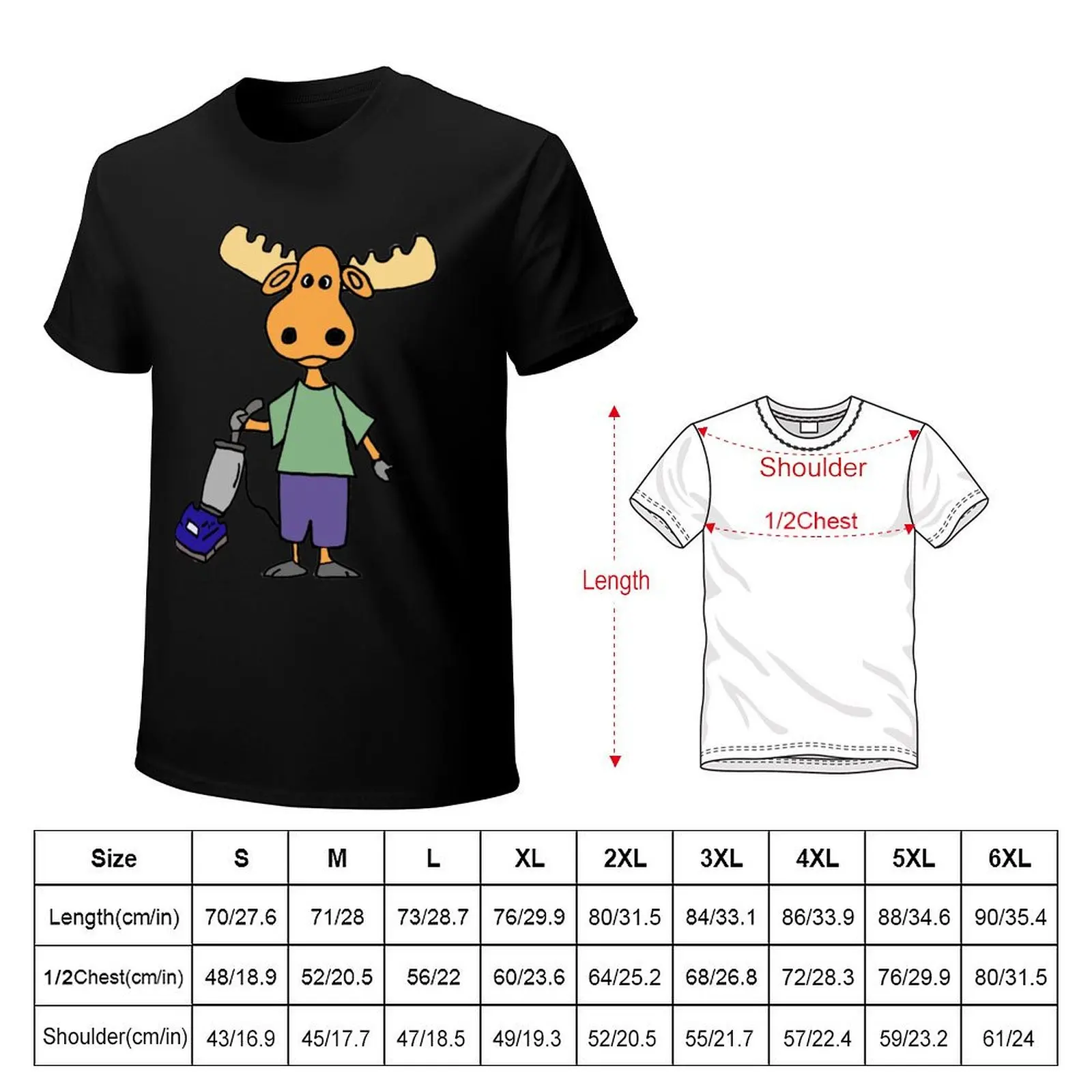 Funny Moose Pushing Vacuum Cleaner Cartoon T-Shirt cotton t-shirt plain for man package T-Shirt