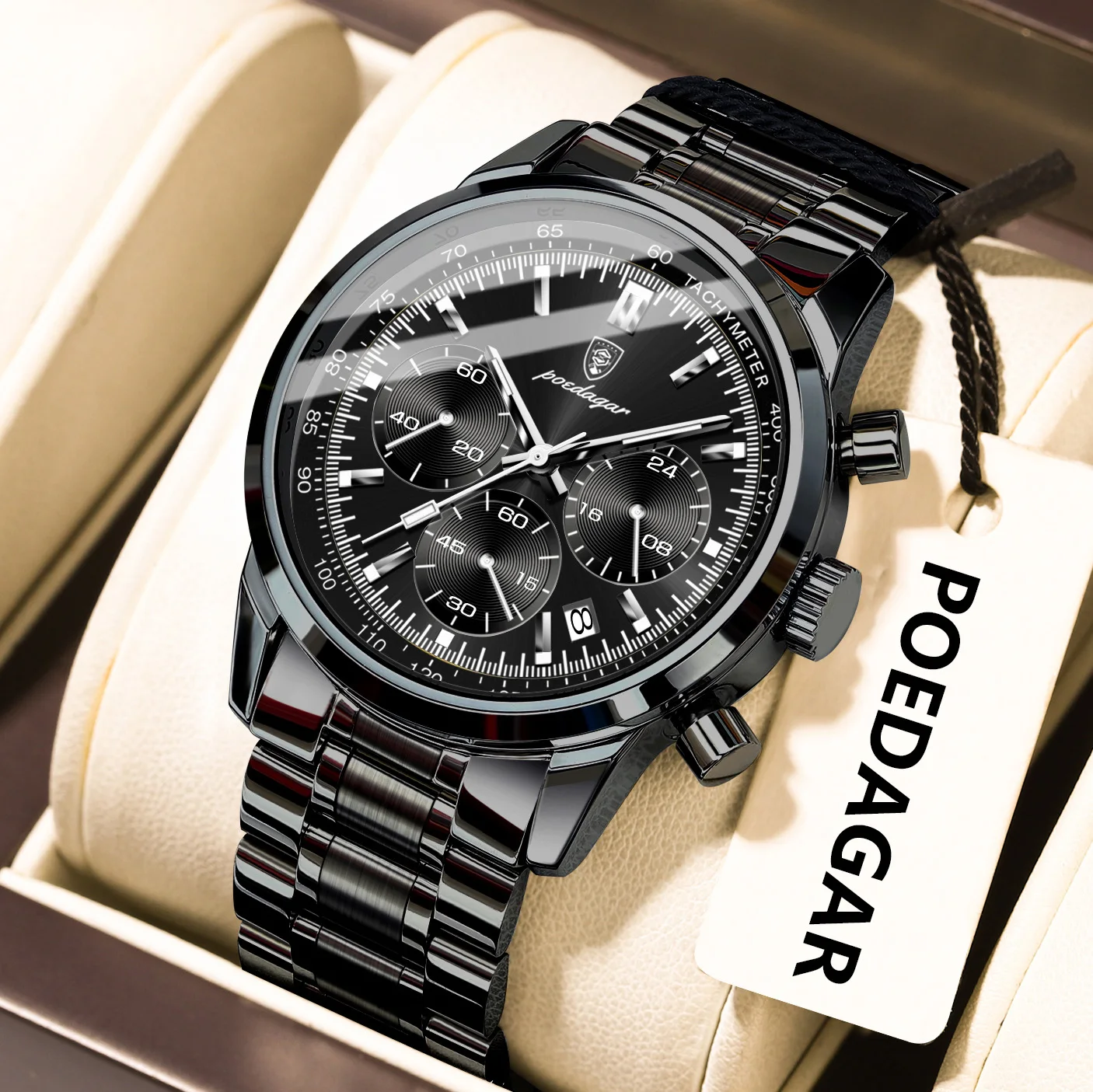 포에다가 탑 기능성 남성용 시계 방수 야광 크로노그래프 날짜 남성용 손목시계 스테인리스 스틸 스포츠 남성용 쿼츠 시계