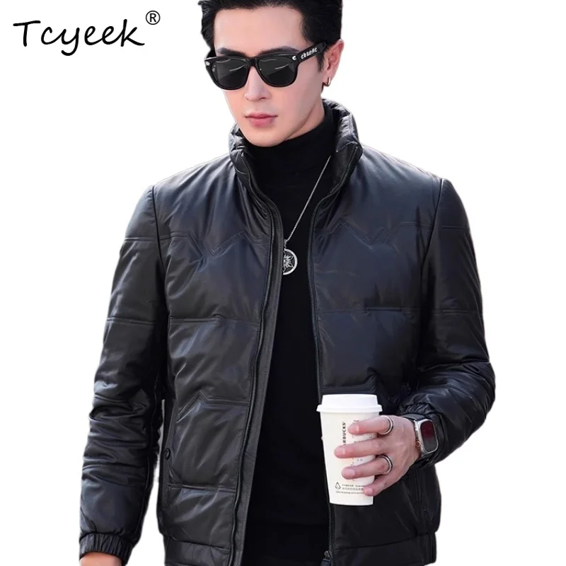 

Tcyeek Верхний слой из коровьей кожи Осень Зима Белый утиный пух с воротником-стойкой Черная мужская куртка из натуральной кожи Куртка Кожаная Мужская