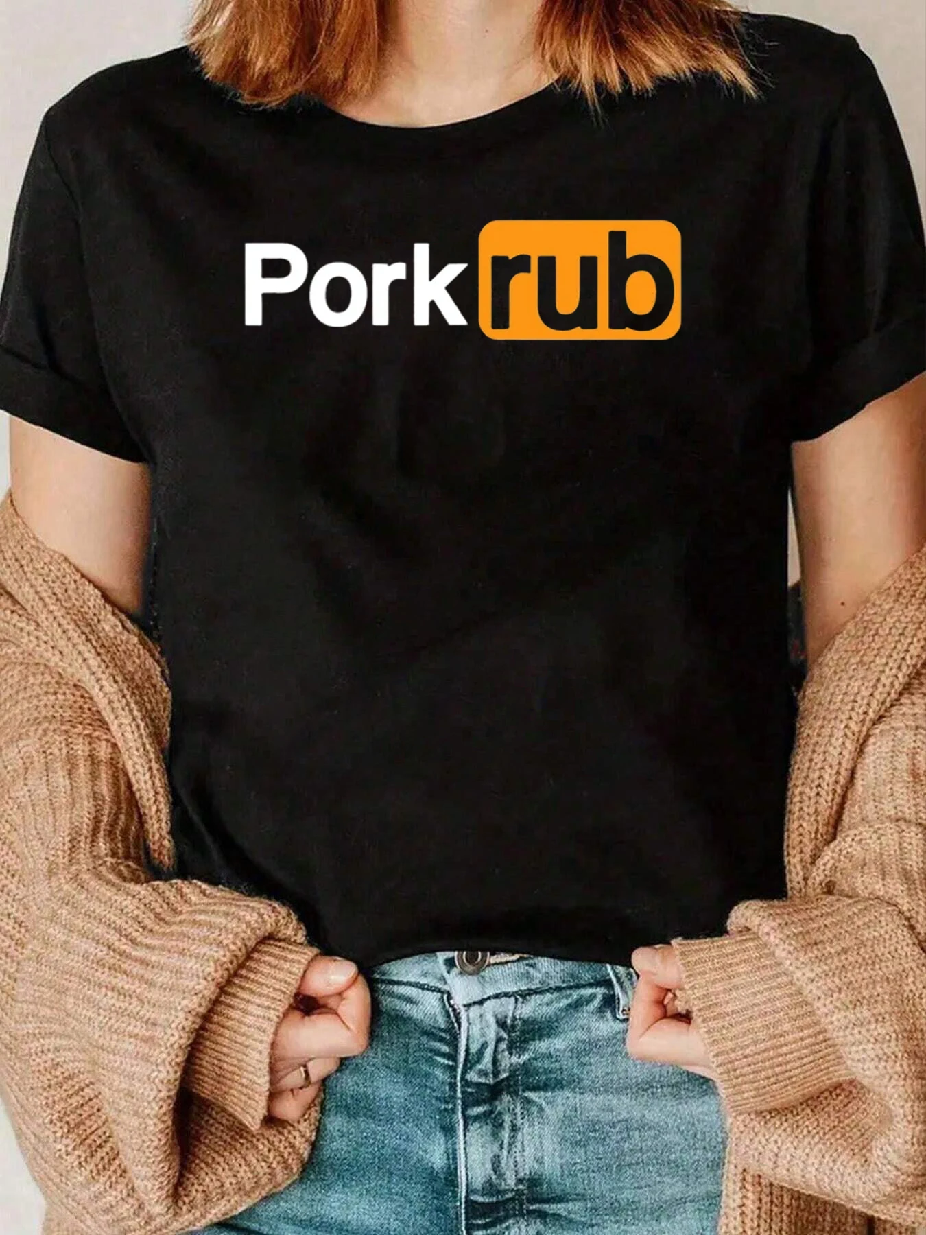 Pork Rub 로고 프린트 티셔츠 여성용 캐주얼웨어 220g