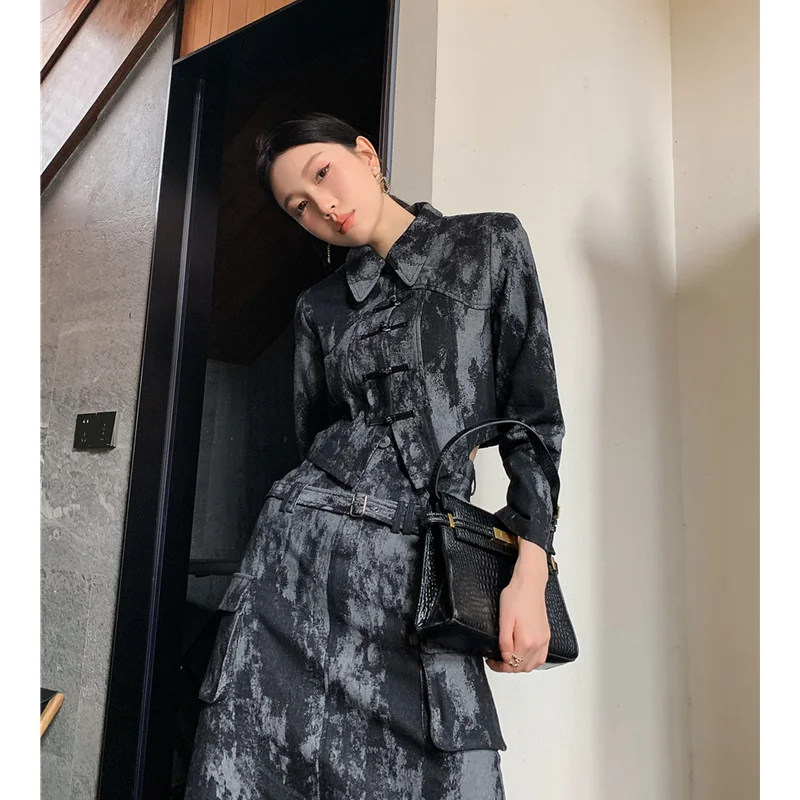 Women's Clothing New Chinese Tie-dyed Denim Shirt Women's Jacquard Pattern Craft Heavy Feeling Modified Middle Length Skirt Suit