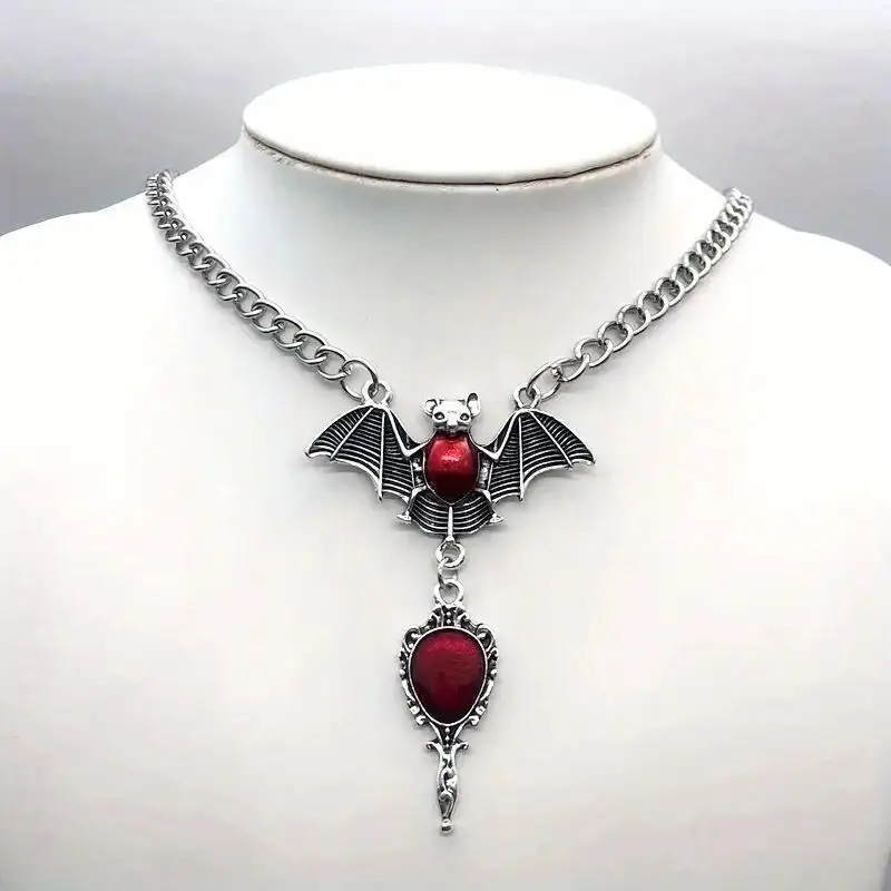 Goth Gothic Red Vampire Bat Necklace Gothic Cool Stuff Men Women Charm Statement Necklace