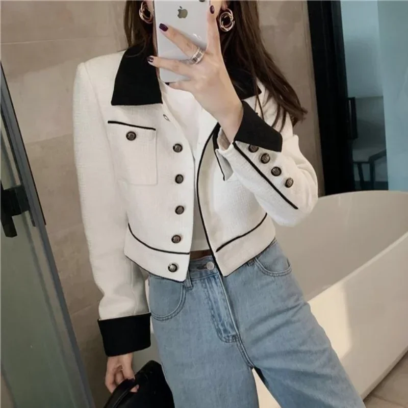 Colorblock Jacket Coats for Women Outerwears Short White Loose Crop Blazer Woman Clothes Korean Fashion High Quality Bring 2024