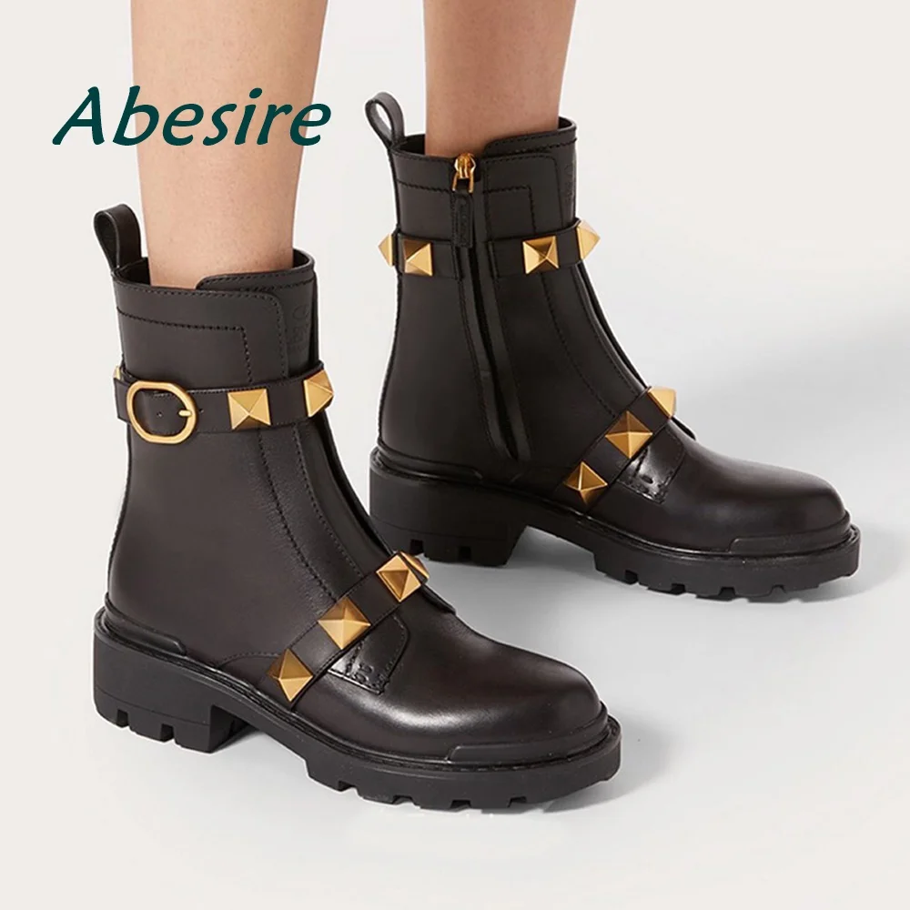 Black Rivet Women\'s Ankle Boots 2023 Winter Casual Round Toe Block Heeled Leather Short Booties Solid Side Zipper Elegant Shoes