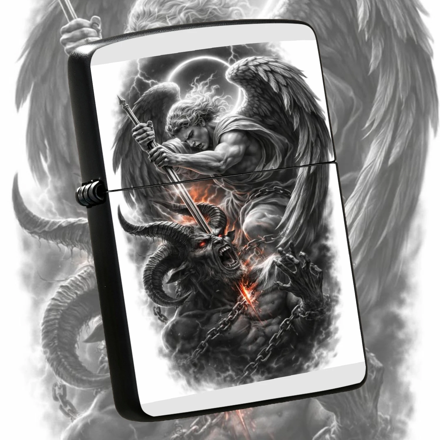 Epic Holy Vs Demon Art Pattern Ignition Device, Stylish Portable Artistic Accessory For Daily Use, Display, Gifting, Multi-Scenario Practical Decorative Tool With Dramatic Eclipsed Battle Aesthetic, Cool Unique Souvenir For Art Lovers A Hum