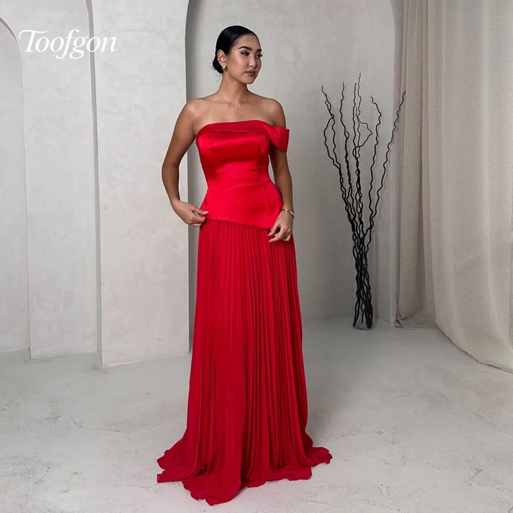

Toofgon Red A Line Satin Chiffon Long Evening Dresses Customized One Off Shouler Special Occasion Formal Party Dress Prom Gowns