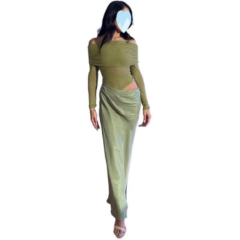 Europe  The United States Spring Summer New Fashion One-word Shoulder Long-sleeved Perspective Mesh Stitching Hip-wrapped Dress