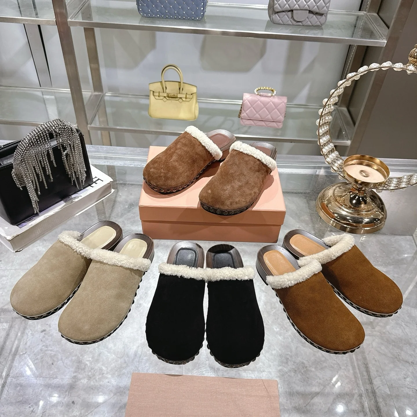 

2025 New Style Solid Wood Sole Wool Fashionable Versatile Thick-Soled Closed-Toe Half Slippers