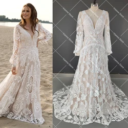 Robe de Mariée en Dentelle à Manches sulfBouffantes, Personnalisée, Style Boho, pour les Patients Elopants, Quelle que soit la Ligne A, Col en V, Pompon, Bohème, Plage Modeste