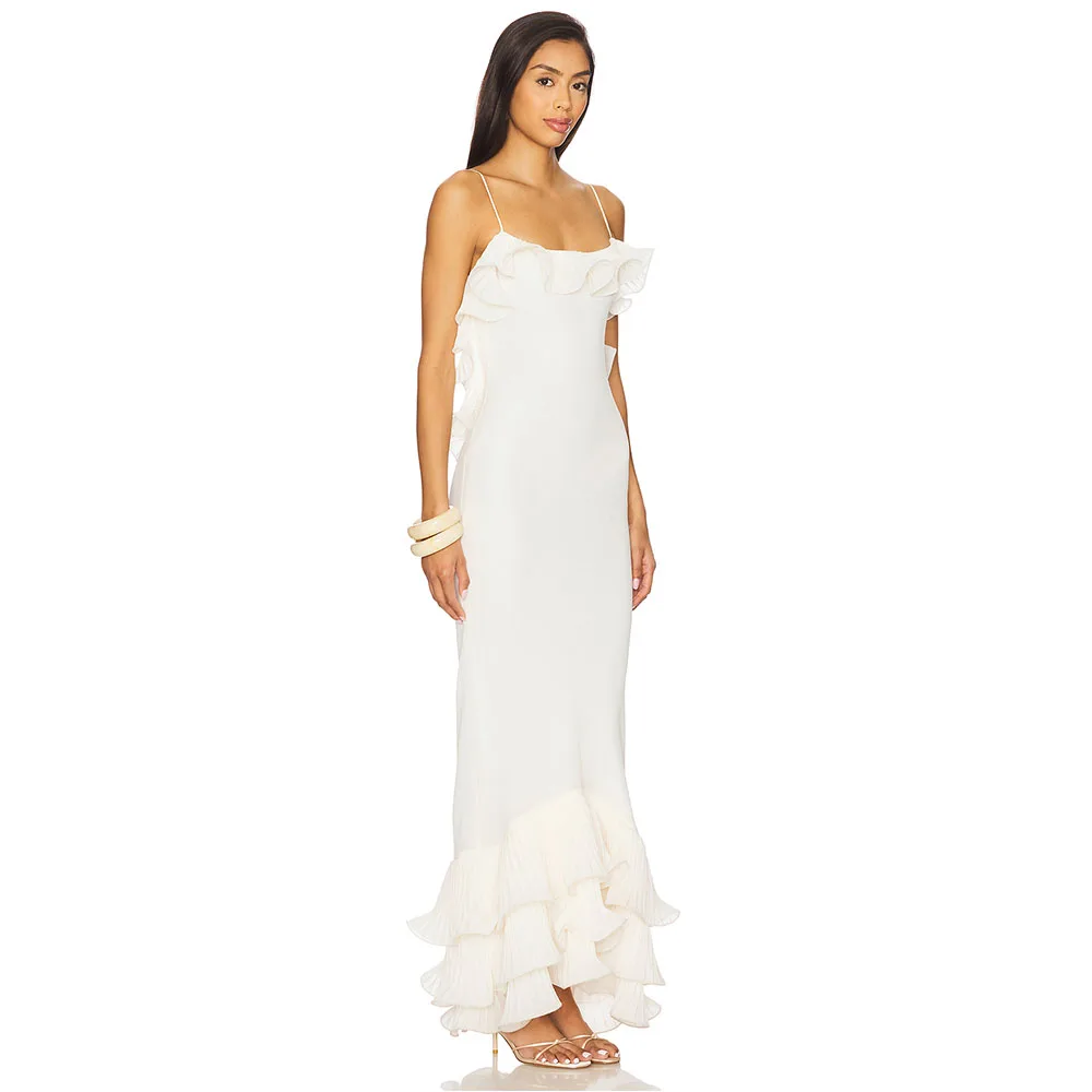 

Modern Ivory Evening Gown Mermaid Spaghetti Straps Women's Ankel Length Prom Dress Formal Party Dress Ruffles Saudi Dress