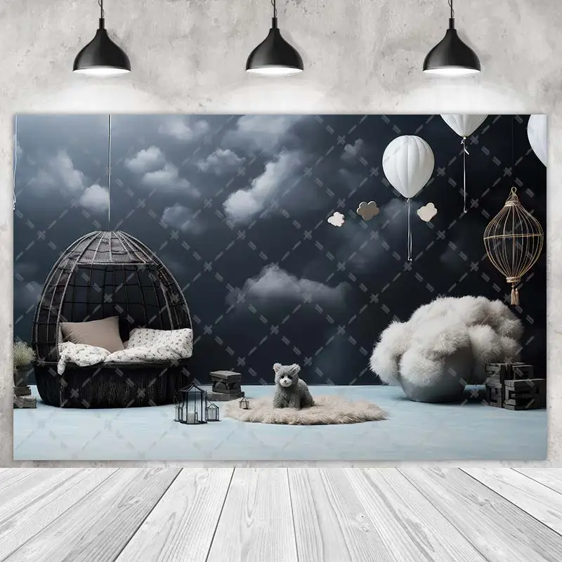 Balloons Clouds Party Backdrops Children Kids Birthday Photography Cake Smash Sofa Plush Toys Background Photo Shoot Studio