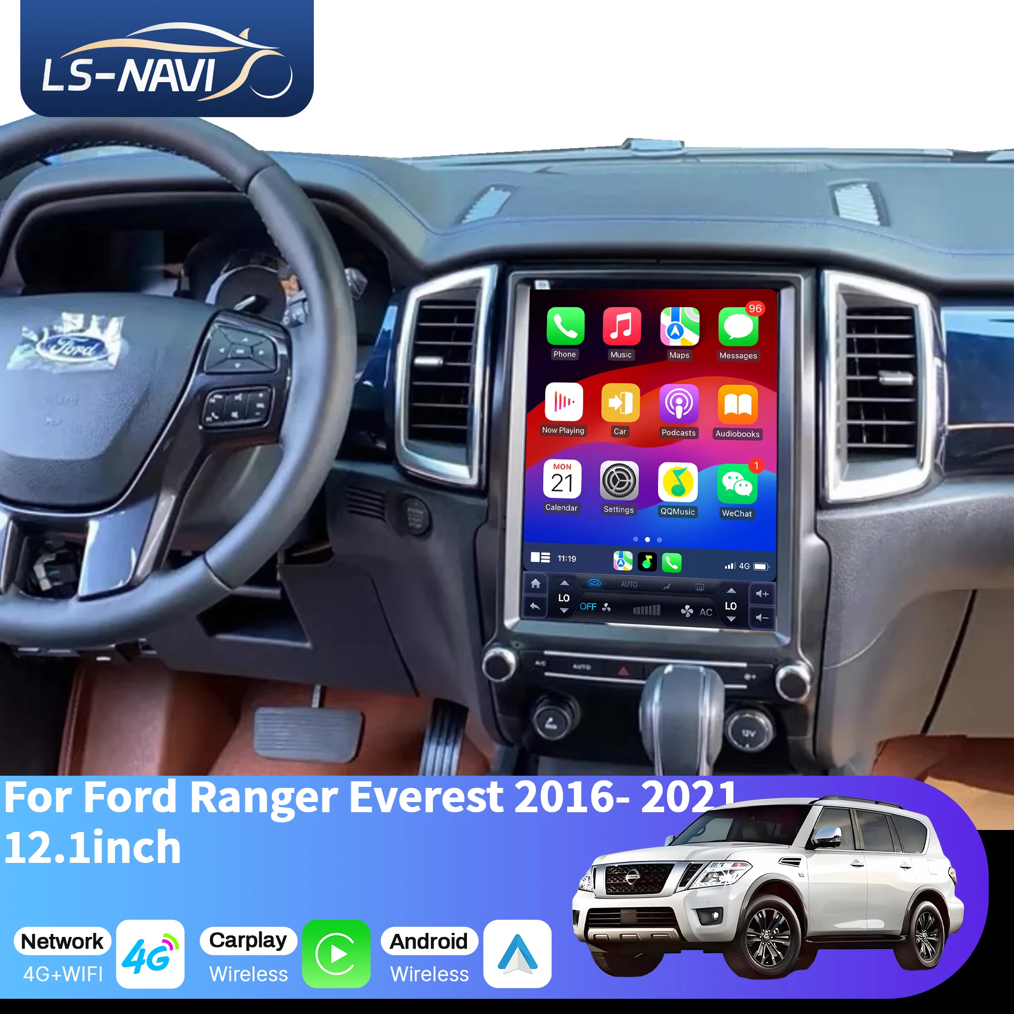 

12.1 inch Android 14 For Ford Ranger Everest 2016-2021 Car Radio Wireless Bluetooth CarPlay Multimedia Head Unit Touch Screen
