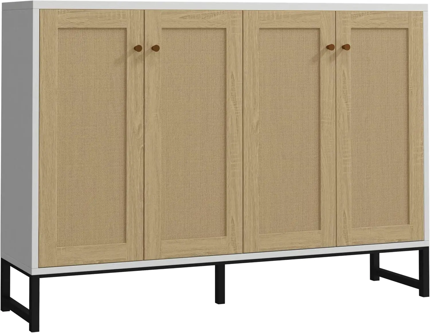 Sideboard Accent Storage Cabinet with Rattan Decorated 4 Doors Dining Room Freestanding Kitchen Buffet Table Cupboard (White)